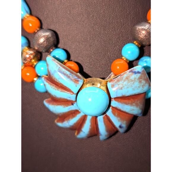 Vintage Three Strand Aqua Brick Gold Tone & Silver Tone Beaded Pendant Necklace - Picture 3 of 7